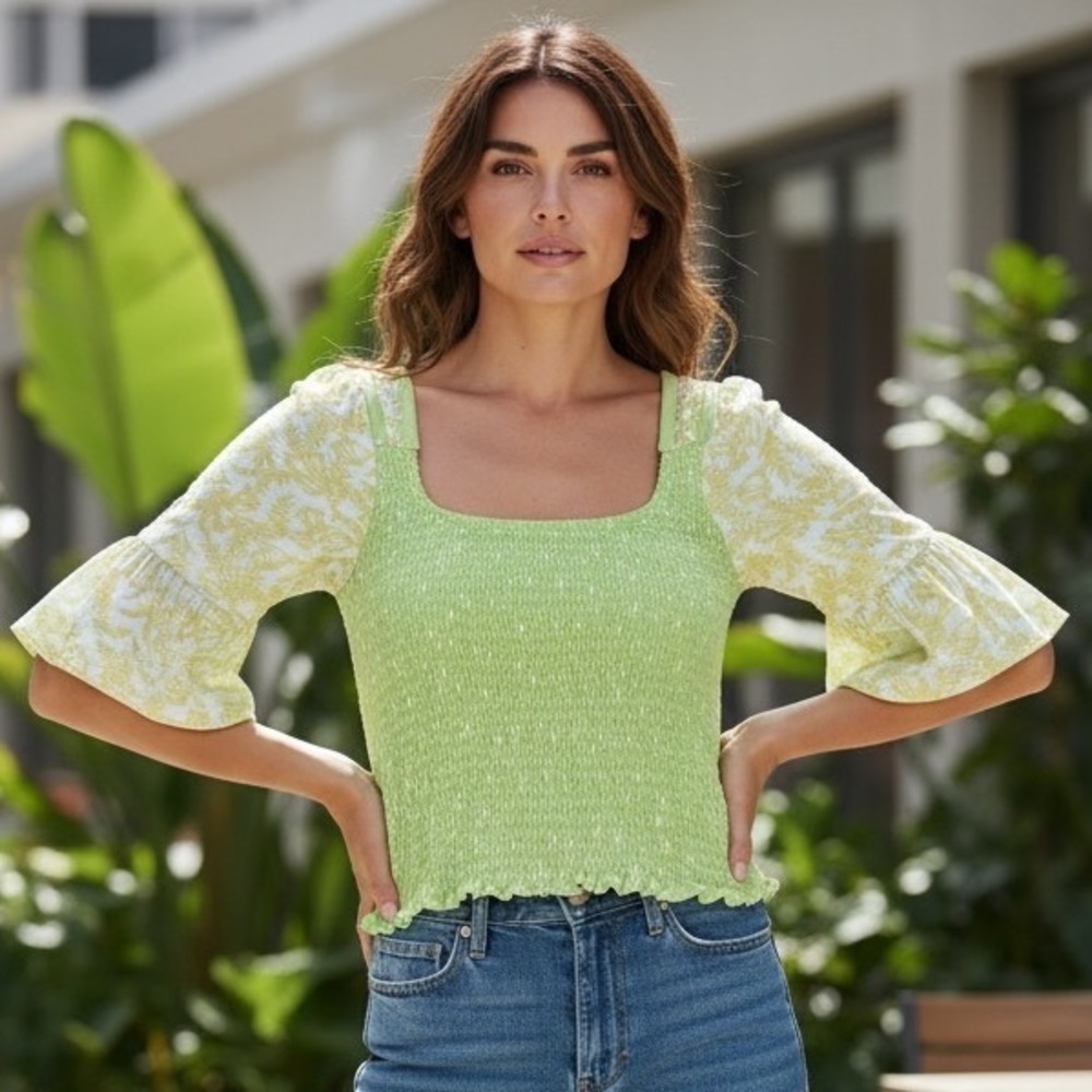 Free People Smocked‎ Crop Top Lime Green Floral Cottagecore Fairycore Bohemian S